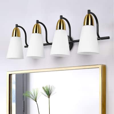 Modern Black Bathroom Vanity Light with Frosted Glass Shades & Gold Accent, Minimalist Wall Sconces