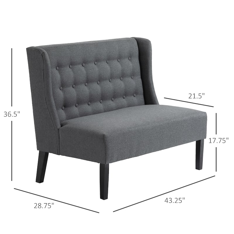 Grey Linen Upholstered Wingback Sofa with Rubberwood Frame and Button-Tufted Design for 2 Comfortable Seat