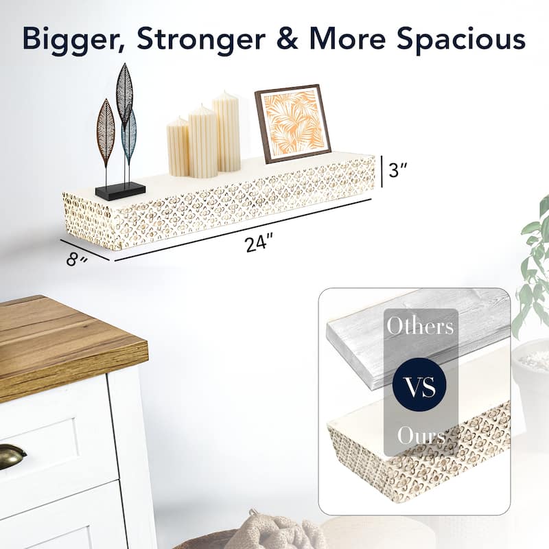 American Art Decor Small Embossed Wood Floating Wall Shelf - White - 24.25" L x 3" H x 8.25" D