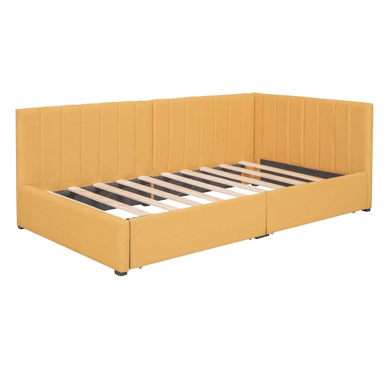 Semi-Closed Platform Bed Twin Size Upholstered Daybed with Storage Drawers, Linen Fabric Sofa Bed Frame with Wood Slat Support