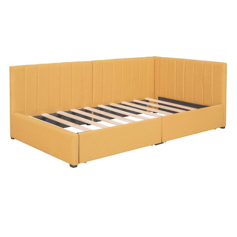 Twin Size Daybed with 2 Storage Drawers Sofa Bed Frame Wood Slat Support Semi-Closed Design Upholstered Daybed