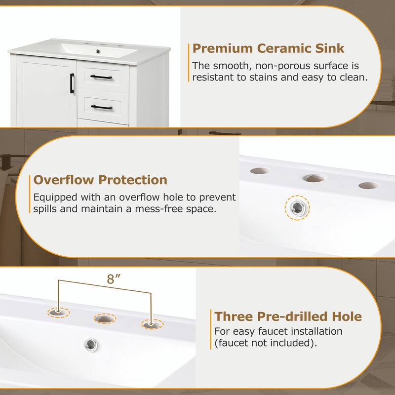 30" Bathroom Vanity with Sink Combo, Storage Cabinet with 3 Soft-Close Drawers and Removable Tray