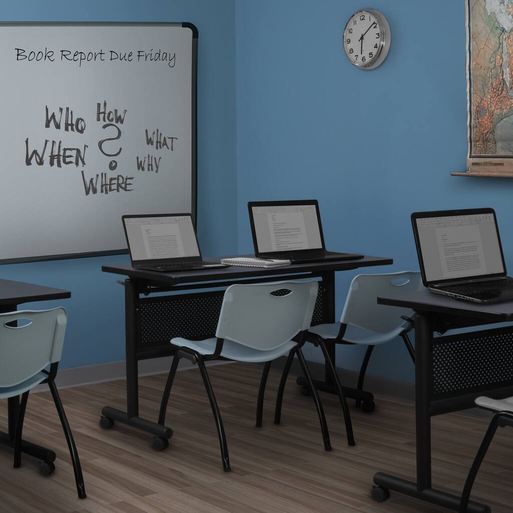 48" x 30" Flip Top Mobile Training Table with Modesty Panel- Grey and 2 "M" Stack Chairs- Grey