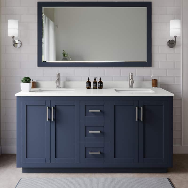 Wyndham Collection WCF292966D-QTZ-UNSMXX Miranda 66" Free Standing - Dark Blue / White Quartz Top / Brushed Nickel