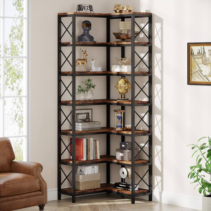 7-Shelf Corner Bookshelf Bookcase for Living Room Home Office - Brown