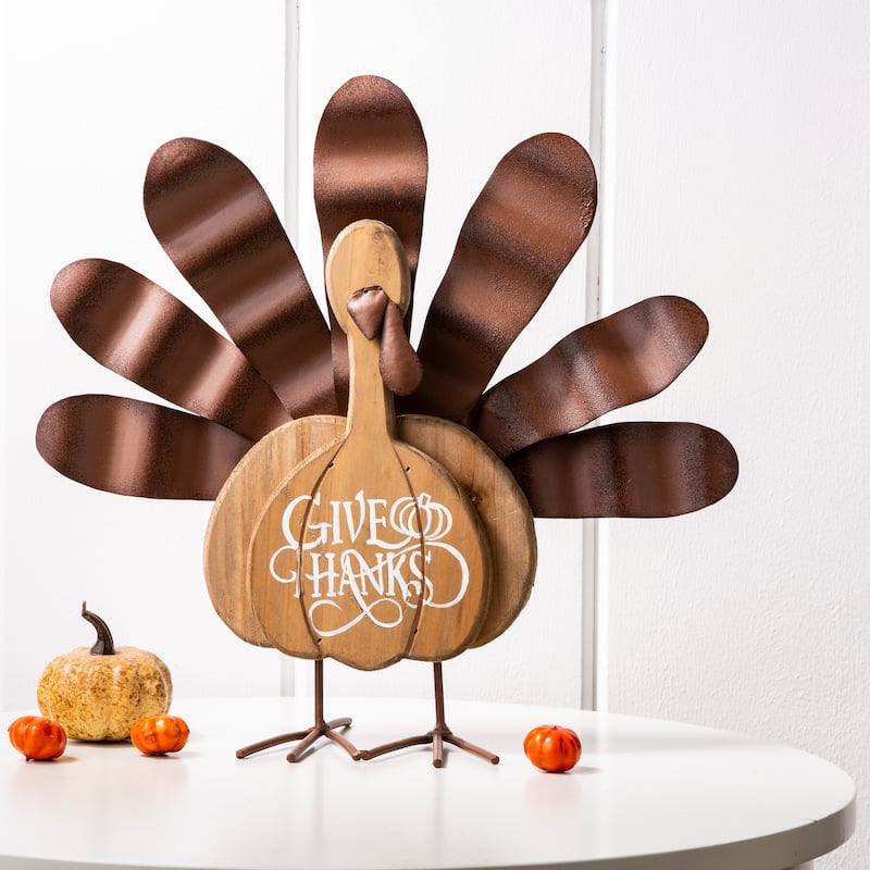 Glitzhome Thanksgiving Wooden Turkey Wall Hanging or Table Decor