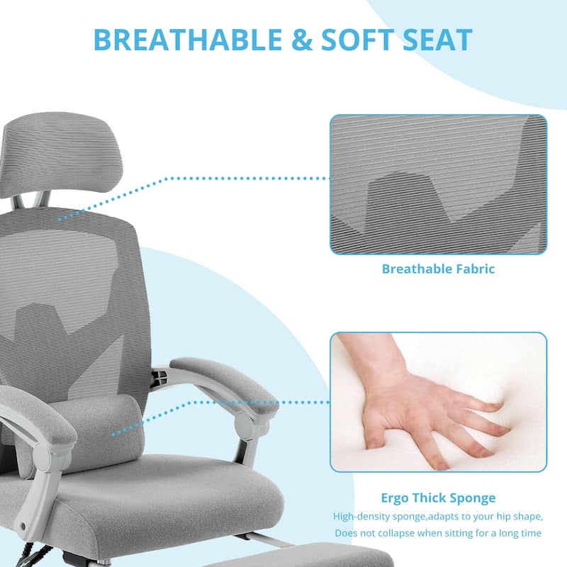 Home Office Desk Chair with Footrest, High-Back Mesh Rolling Swivel Reclining Chairs with Wheels, Comfortable Headrest