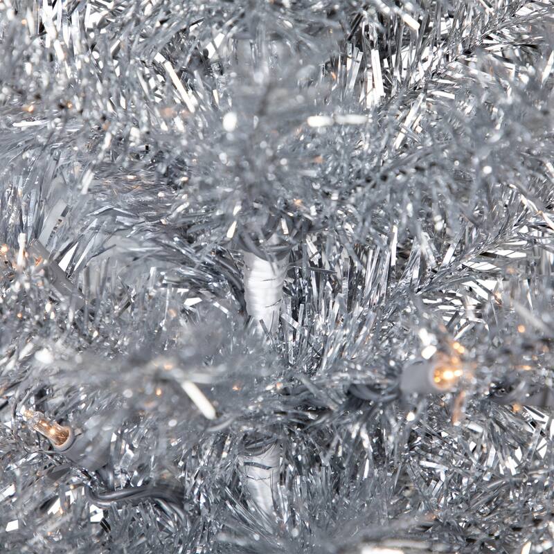 Pre-Lit Artificial Tinsel Christmas Tree - 3' - Silver - Clear Lights - 3 Foot
