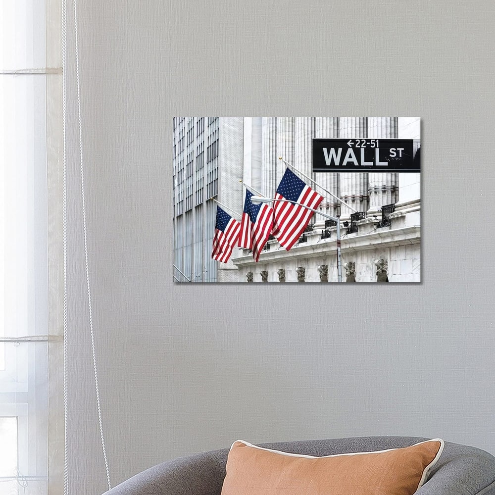 iCanvas "American Flags & Wall Street Signage, New York Stock Exchange, Financial District, NYC" by Matteo Colombo Canvas Print