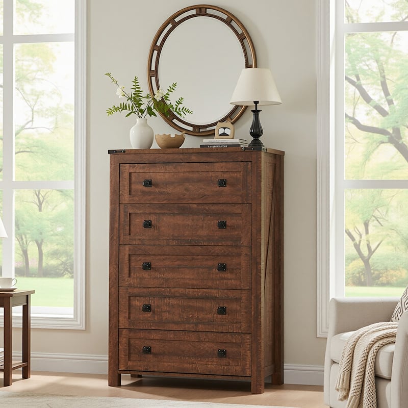 Wood 5 Drawers Dresser, Rustic Chest of Drawers for Bedroom - Brown