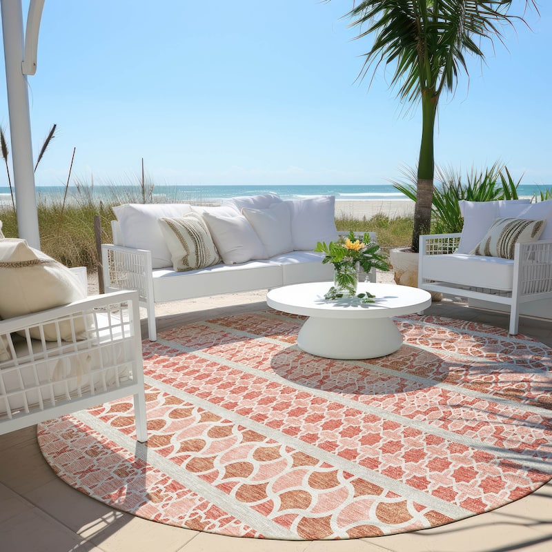 Machine Washable Indoor/ Outdoor Chantille Stripe Boho Rug - Salmon - 8' x 8'