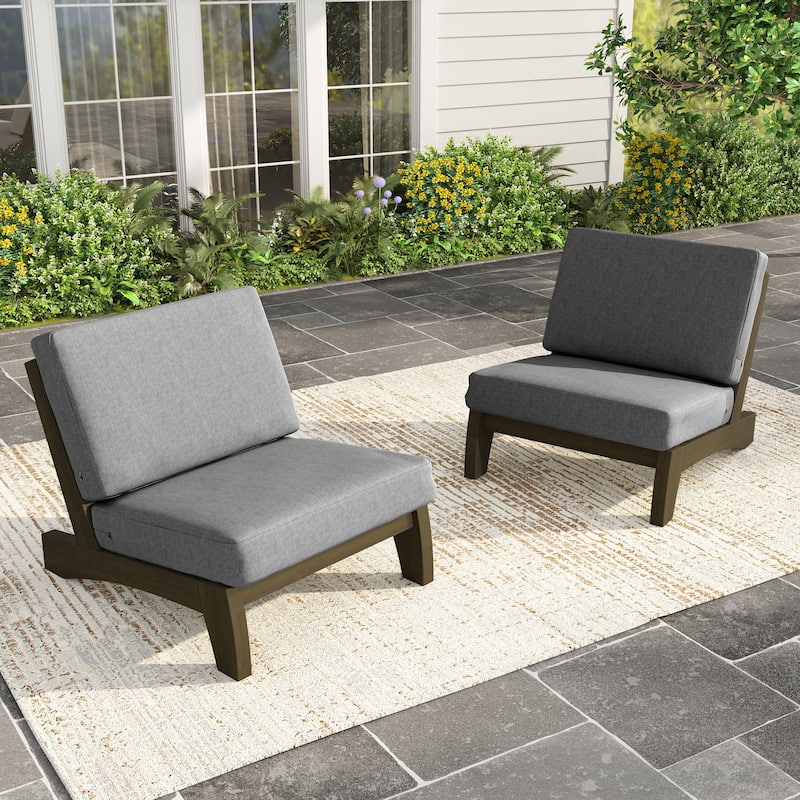 Set of 2 Patio Teak Wood Outdoor Club Chair with Cushions - Natural Wood - Grey