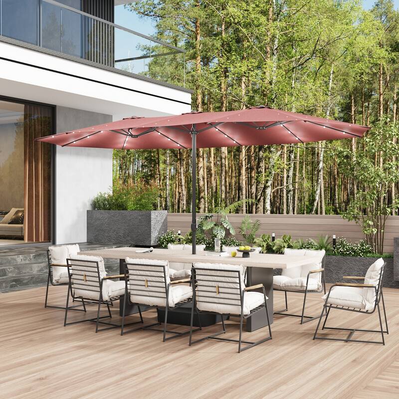 15ft Solar LED Double Patio Umbrella with Base, Extra Large Twin Outdoor Market Umbrella with 36 Lights, 180g Polyester Canopy