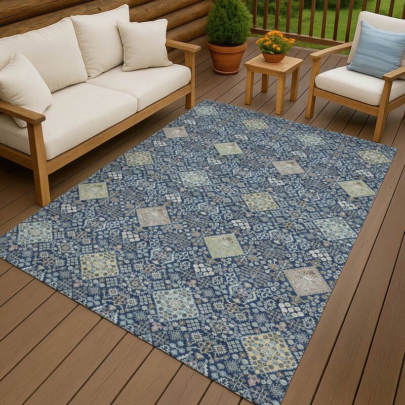 Machine Washable Indoor/ Outdoor Boho Panel Chantille Rug - Navy - 5' x 7'6"