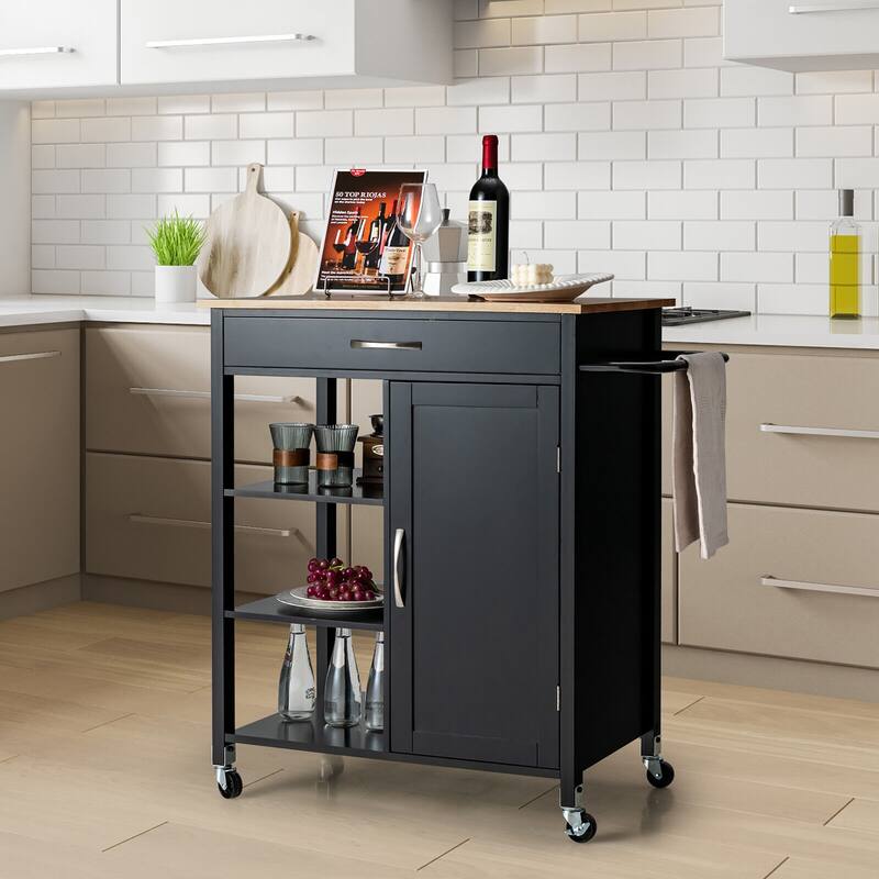 Gymax Mobile Kitchen Island Cart Serving Utility Trolley Drawer Shelf