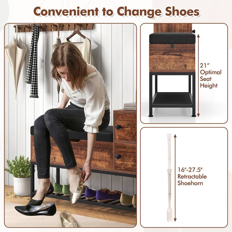 Gymax Entryway Bench Shoe Bench w/ Flip Top Box & 2 Door Cabinets PVC