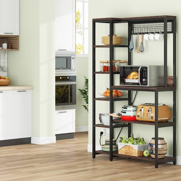 Freestanding Baker's Rack with Power Outlet & Side Shelves, Microwave ...