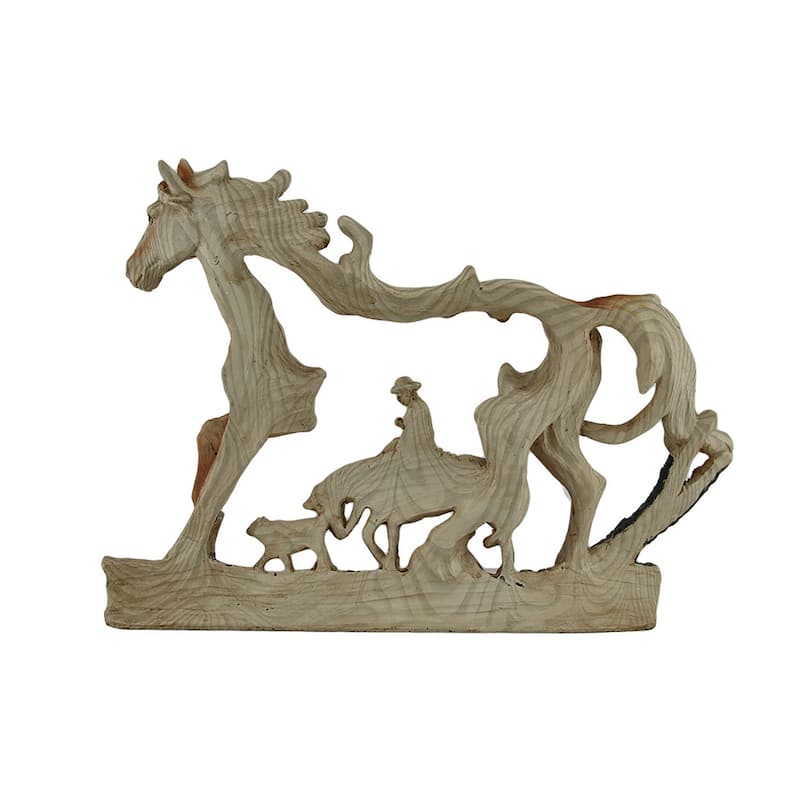 Horse And Cowboy Faux Wood Carving Resin Statue 11.5 Inches Long - 8.5 X 11.5 X 2 inches