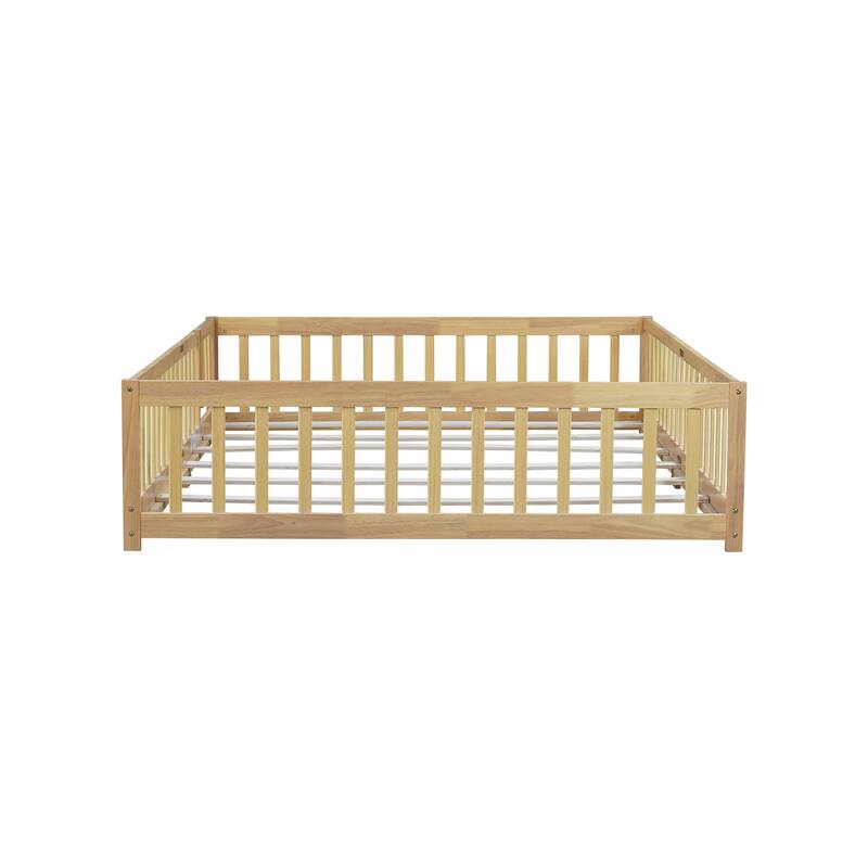 Queen Size Floor Bed with Fence,Door,Rubber Wood Floor Bed with Safety Guardrails
