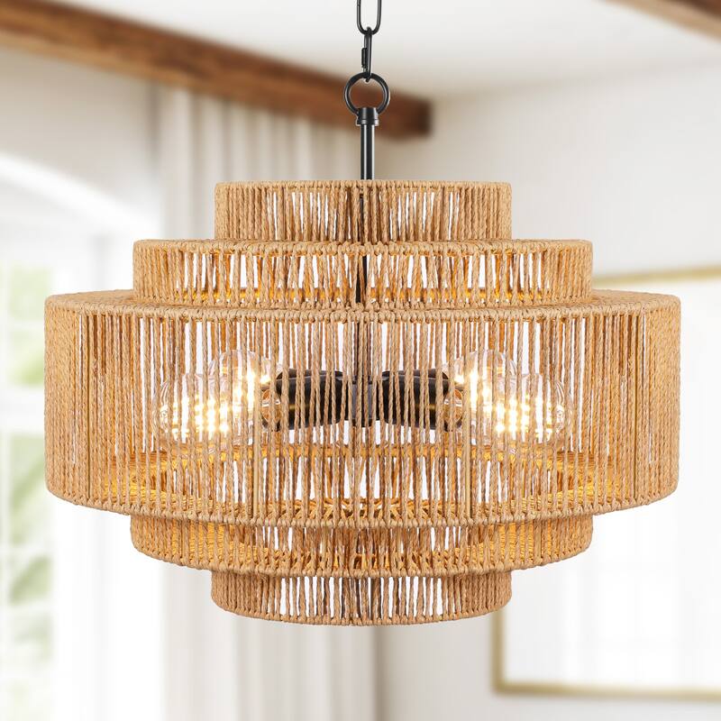 4/6-Light Boho 5-Tier Hand Woven Rattan Drum Chandelier - 4-Light