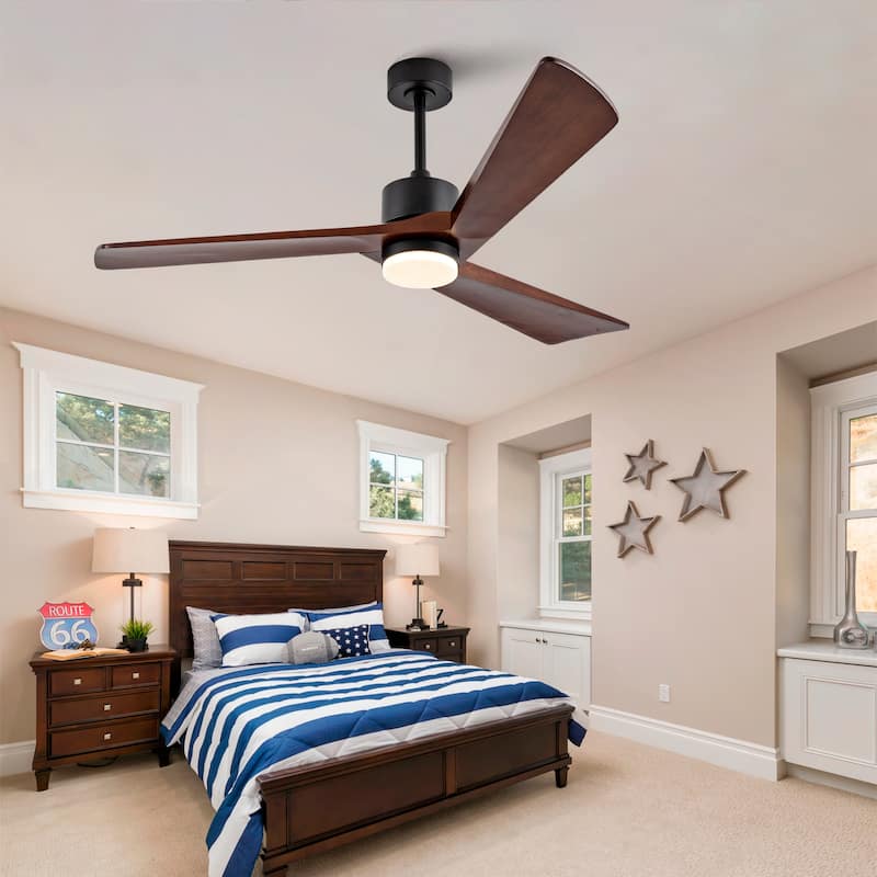 60 Inch Ceiling Fan with Light and Remote, 3 Walnut Solid Wood Blades, Quiet DC Motor, 6-Speed 5000 CFM - Black + Dark Walnut