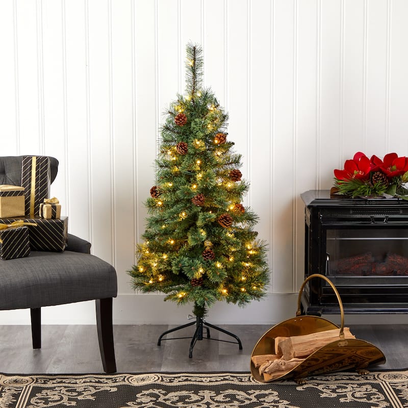 4Ft Artificial Christmas Tree with Lights - White Pine Holiday Decor, Festive Tree, Easy Setup - Green - 44