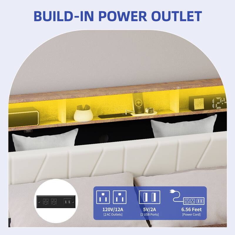 Upholstered Storage Bed with 5 Storage Drawers LED Headboard USB Ports
