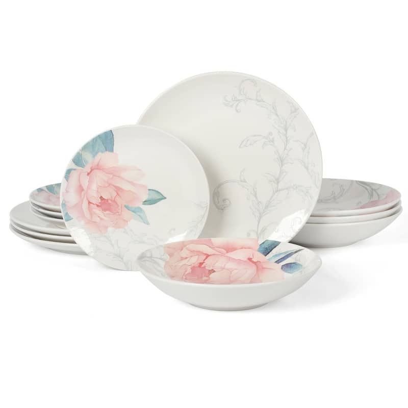 Martha Stewart Peony 12 Piece Porcelain Floral Dinnerware Set
