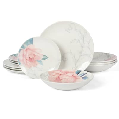 Martha Stewart Peony 12 Piece Porcelain Floral Dinnerware Set