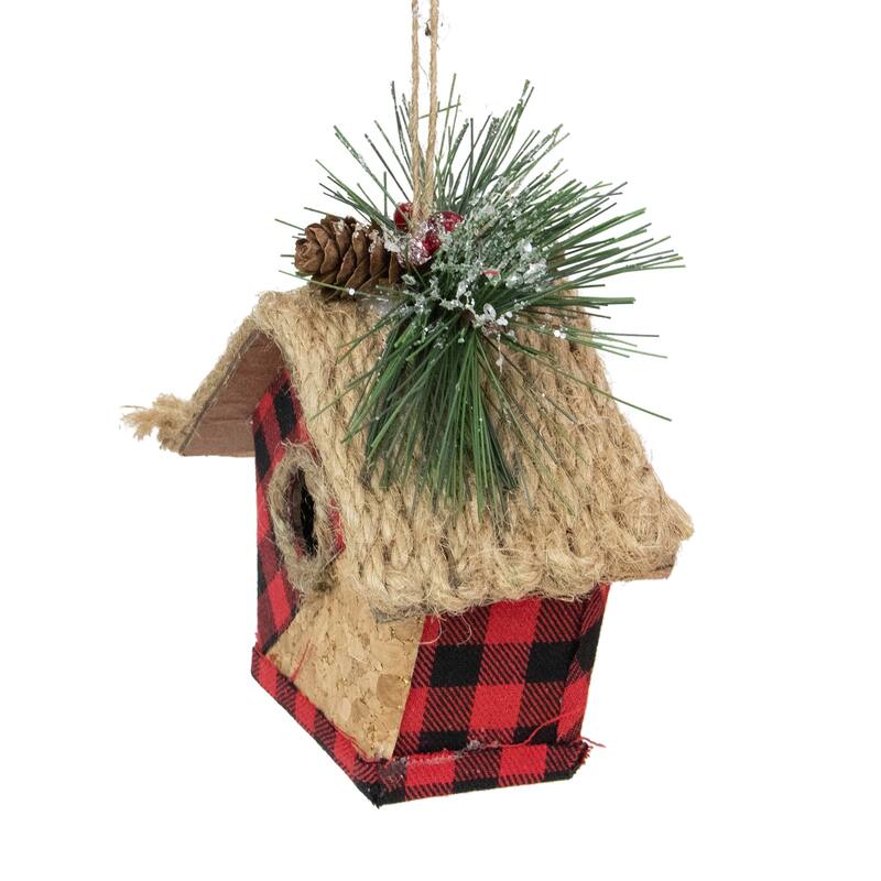 5.75" Red Black Buffalo Plaid Hanging Bird House Christmas Ornament