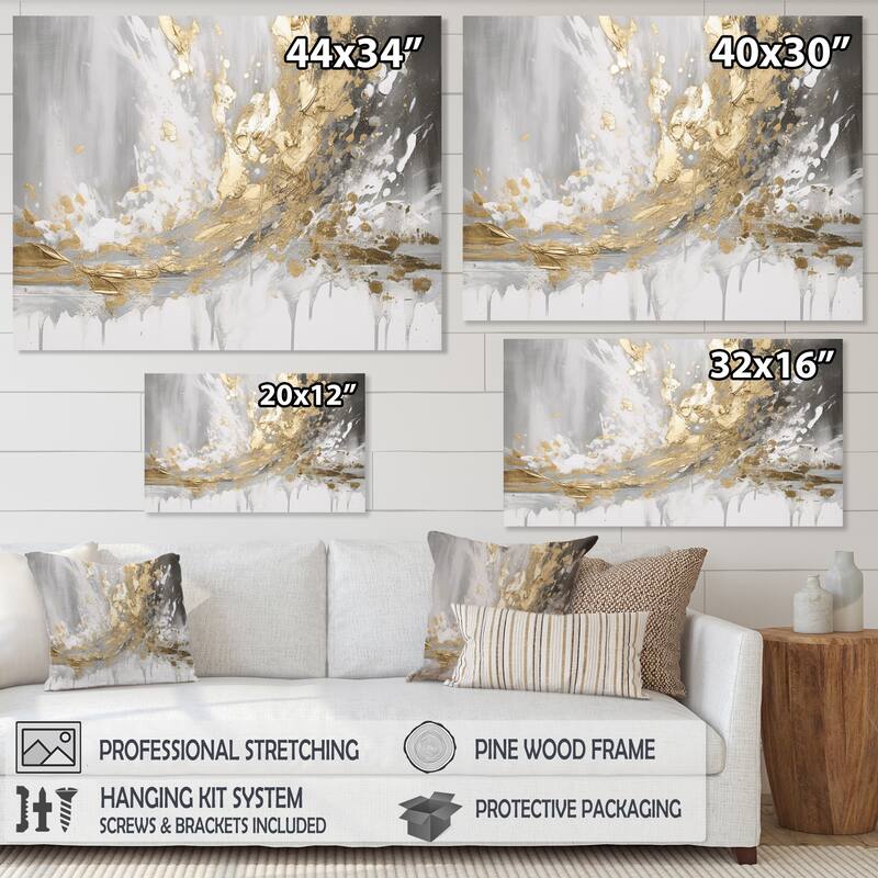 Designart "Gold and White Colliding Abstract" Abstract Painting Canvas Wall Art