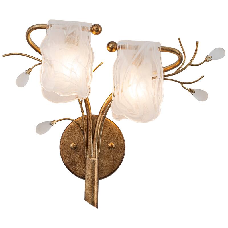2-Light Wall Sconce with Floral Branch Design and White Glass Shades
