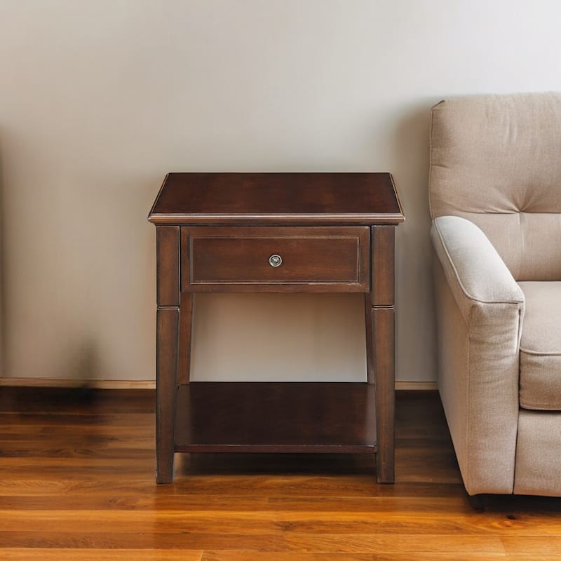24" Rectangular Brown Wood End Table with Shelf and Drawer Walnut Finish for Bedroom or Living Room - 22''L x 24''W x 24''H
