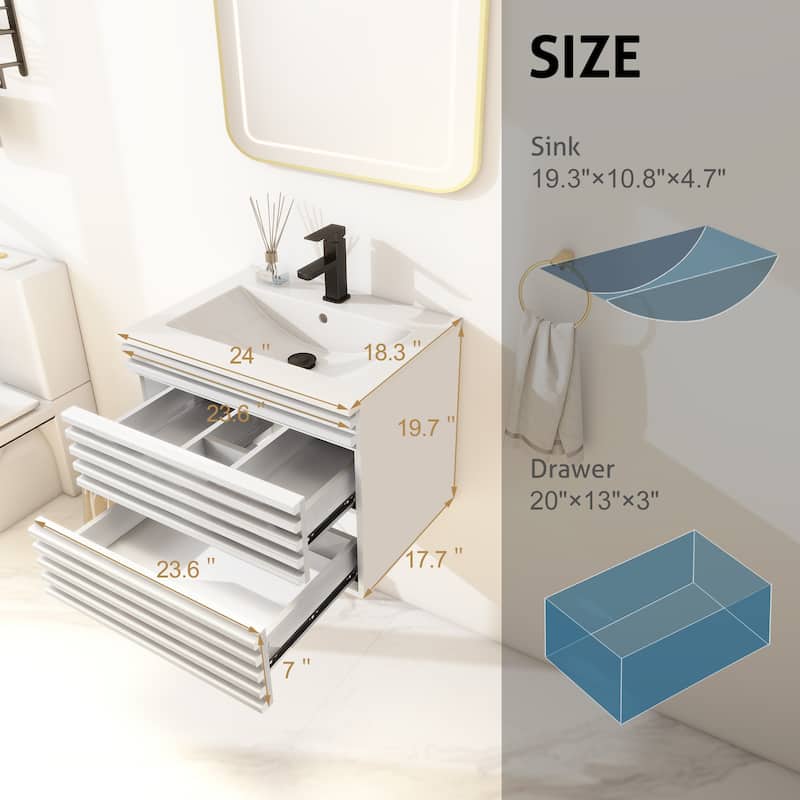 Wall Mounted Bathroom Vanity Set W/ Drop in Sink Mid-Century Cabinet Set