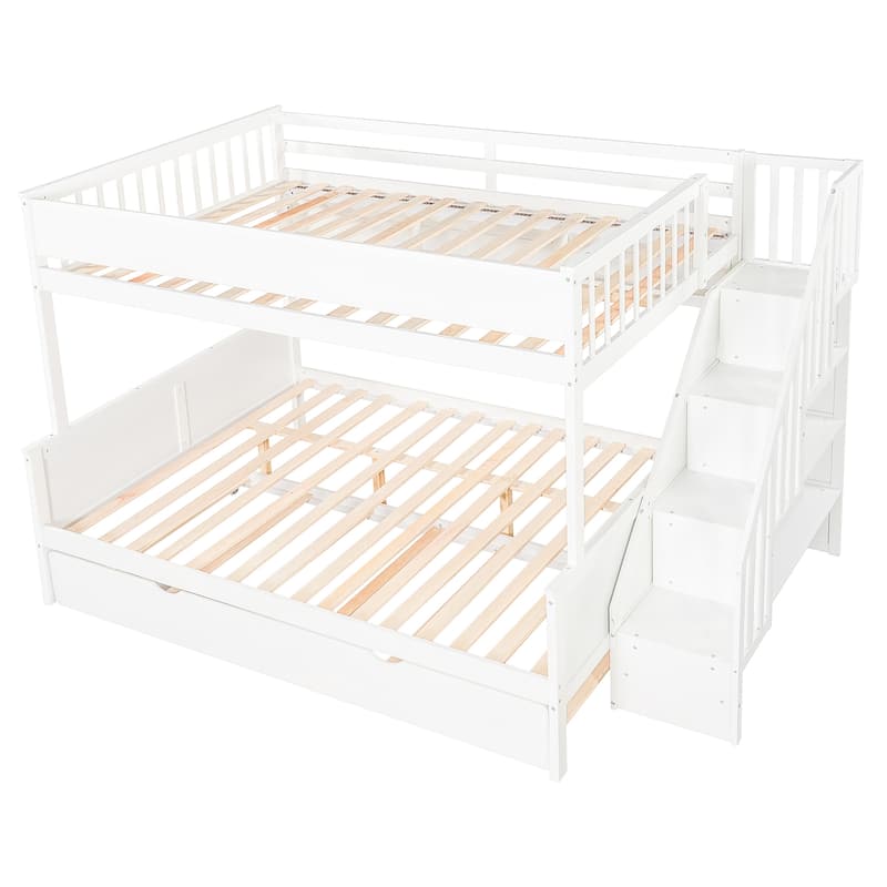 Full XL Over Queen Bunk Bed with Staircase Storage, Underbed Trundle, Open Shelf & LED Light by Harper&Bright Designs