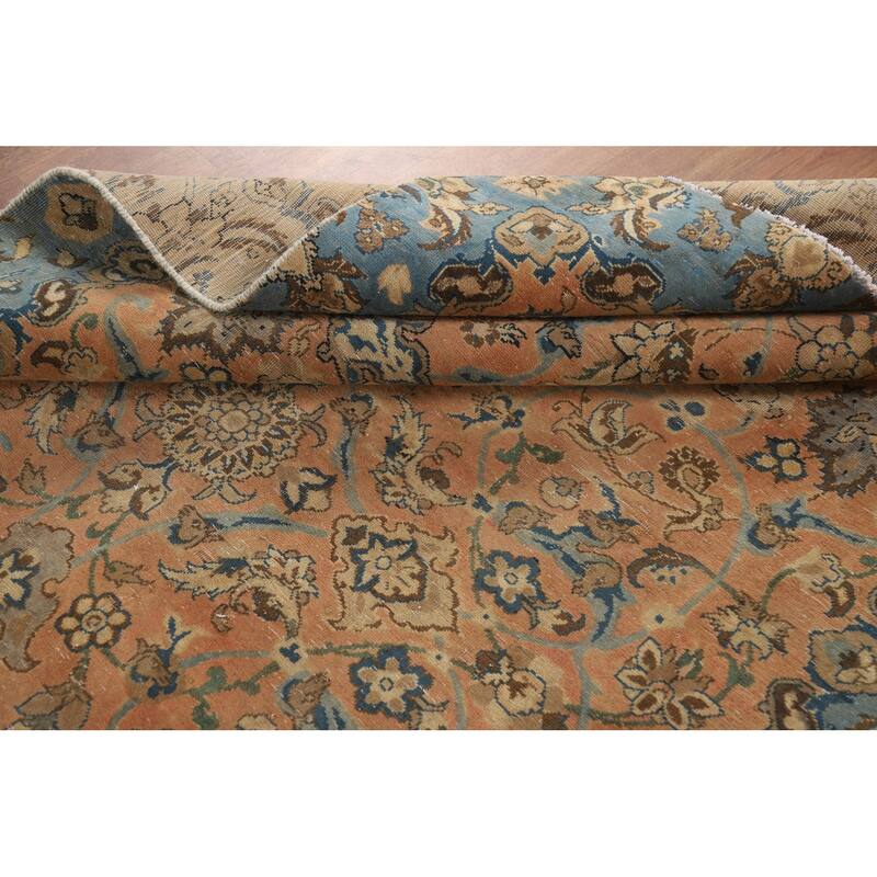 Distressed Floral Tabriz Persian Rug Hand-Knotted Orange Wool Carpet - 5'5"x 8'8"