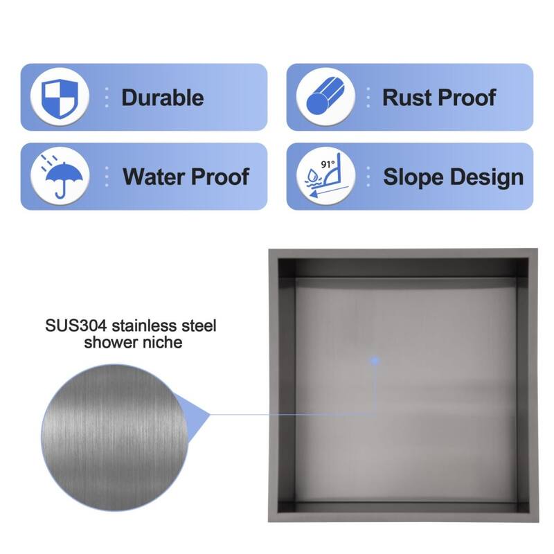 Kichae Shower Niche 15" Black Stainless Steel Shower Niche - Gunmetal grey