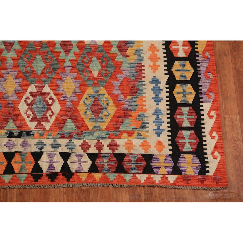 Orange Geometric Kilim Oriental Area Rug Handmade Wool Carpet - 8'7"x 11'3"