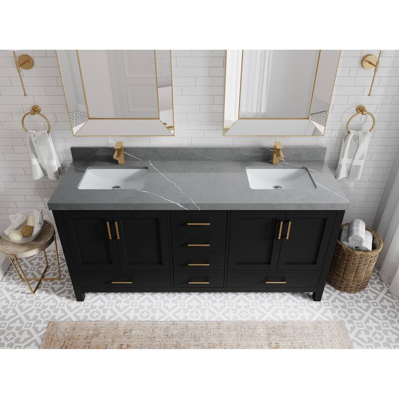 Willow Collection 72 in. W x 22 in. D Malibu Double Sink Bathroom Vanity with Countertop - 2" Piatra Gray - Black