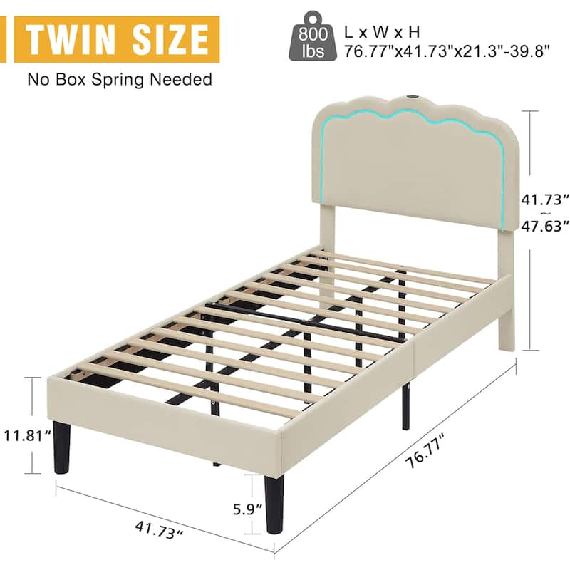 VECELO Upholstered Platform Kids Bed Frame with Headboard & LED Lights,Twin Size Bed Set of 2