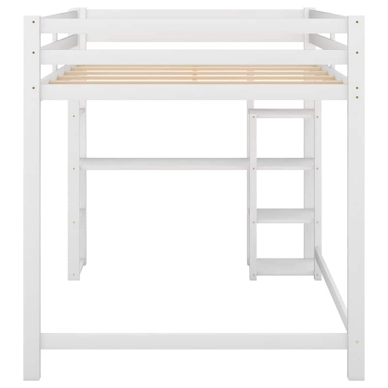Full Size Loft Bed with Builtin Desk & Shelves, Wooden Loft Bed Frame