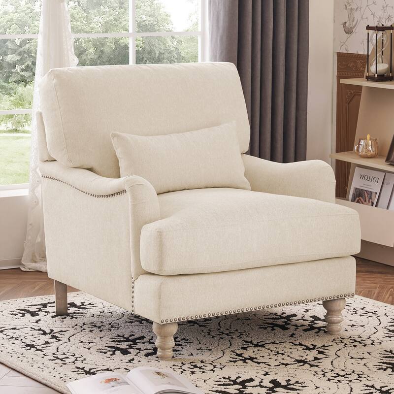 Upholstered Accent Chair with Solid Wood Legs and Pillow for Living Room Seating - Single - Warm Linen