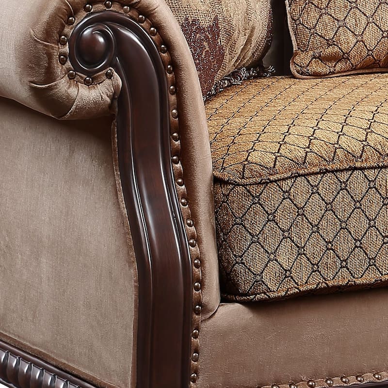 Louis Espresso and Beige Loveseat with 3 Pillows