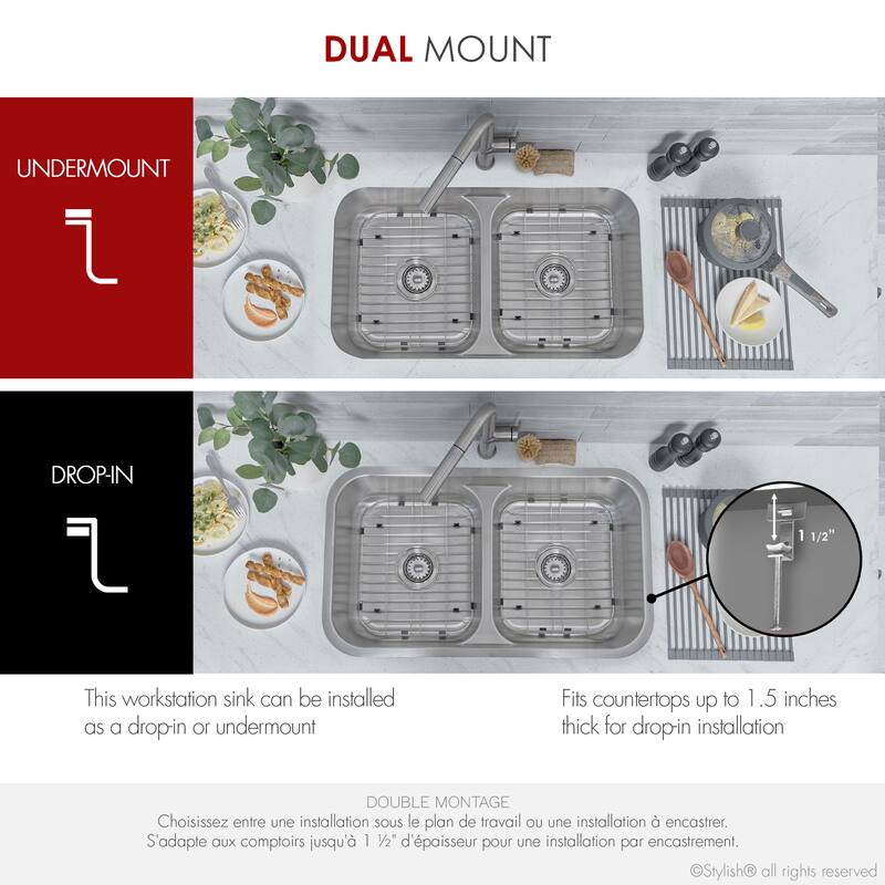 STYLISH 32.25 inch Low Divider Double Bowl Undermount and Drop-in Kitchen Sink - 32.25" x 18.9" x 9"