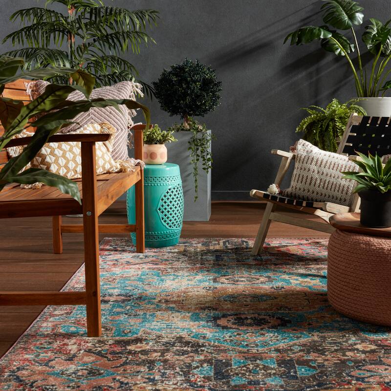 Presia Indoor/ Outdoor Medallion Red/ Teal Area Rug
