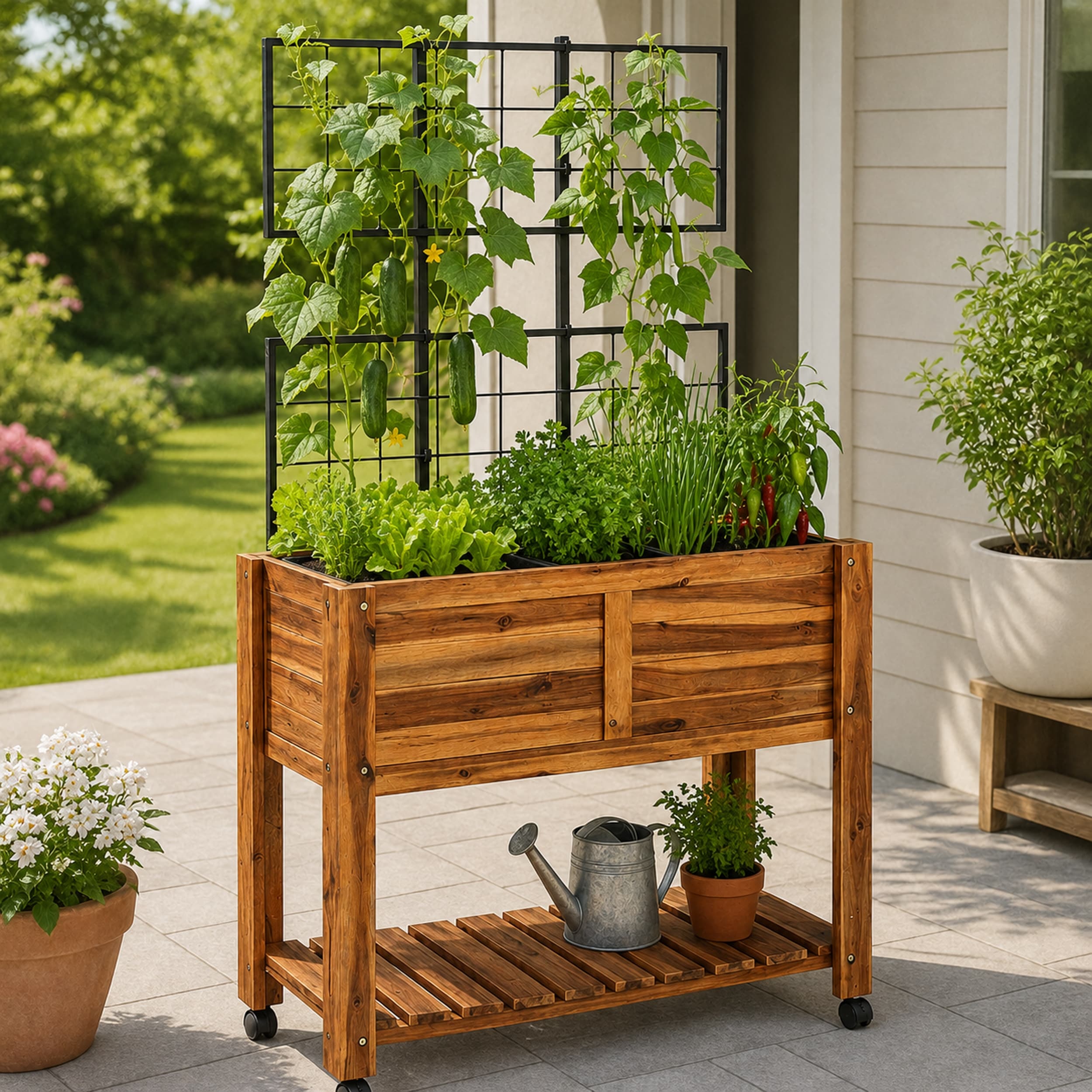 Modern Indoor/Outdoor 32.48 in. Acacia Wood Raised Planter with Trellis and Wheels