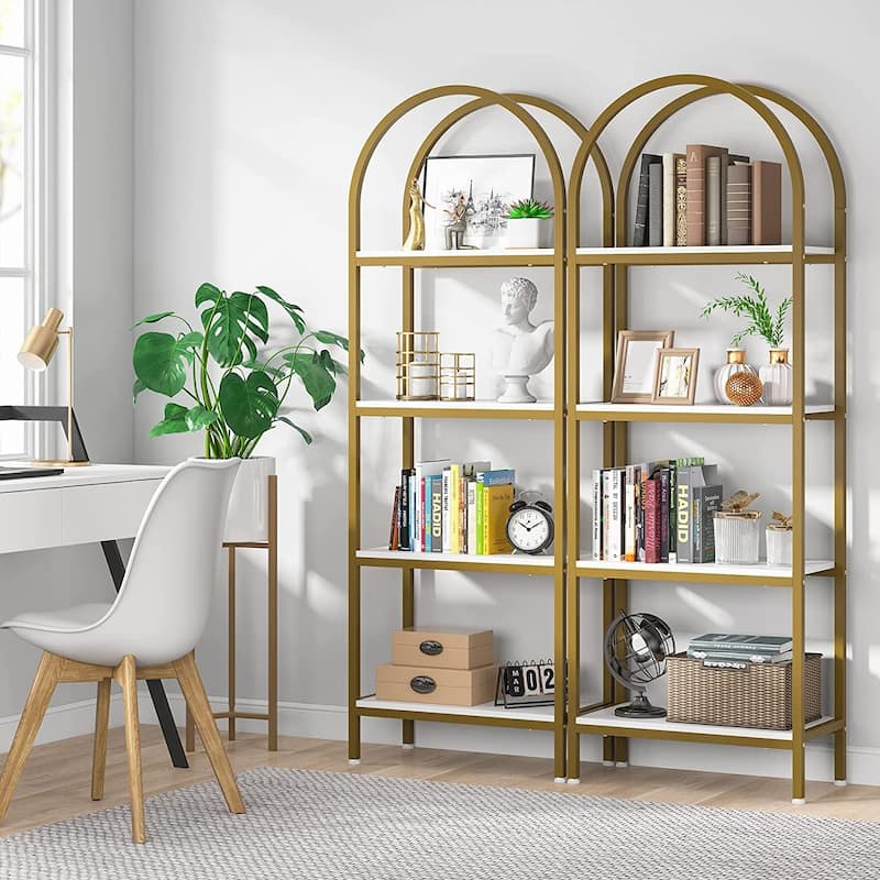 4-Tier Open Bookshelf, 70.8" Industrial Wood Bookcase Storage - 2PCS - White/Gold