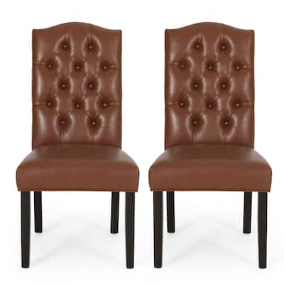Elona Dining Chair Set of 2, Crown Top, Brown Tufted Faux Leather
