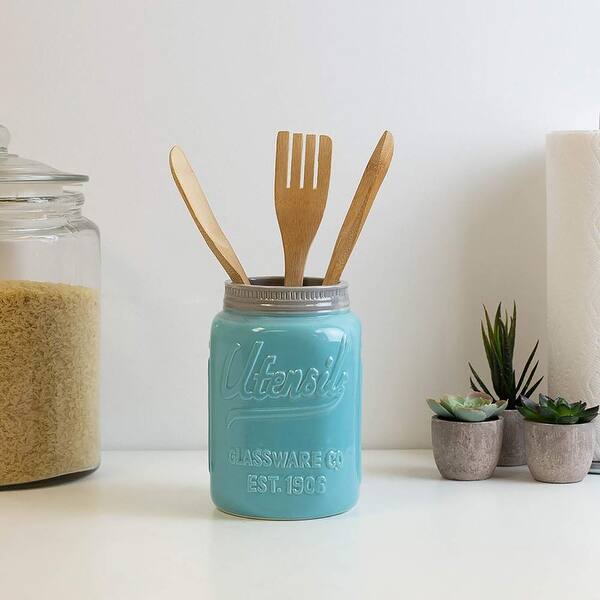 Shop Home Basics Ceramic Retro Mason Jar Utensil Organizer Holder Turquoise 4 5x7 Inches Overstock 28435709
