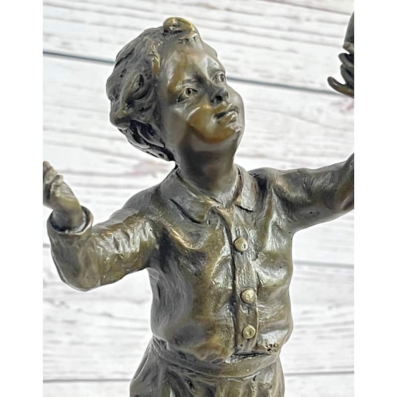 Bronze Sculpture Of A Child Little Boy Holding A Bird - Signed Original Milo Art